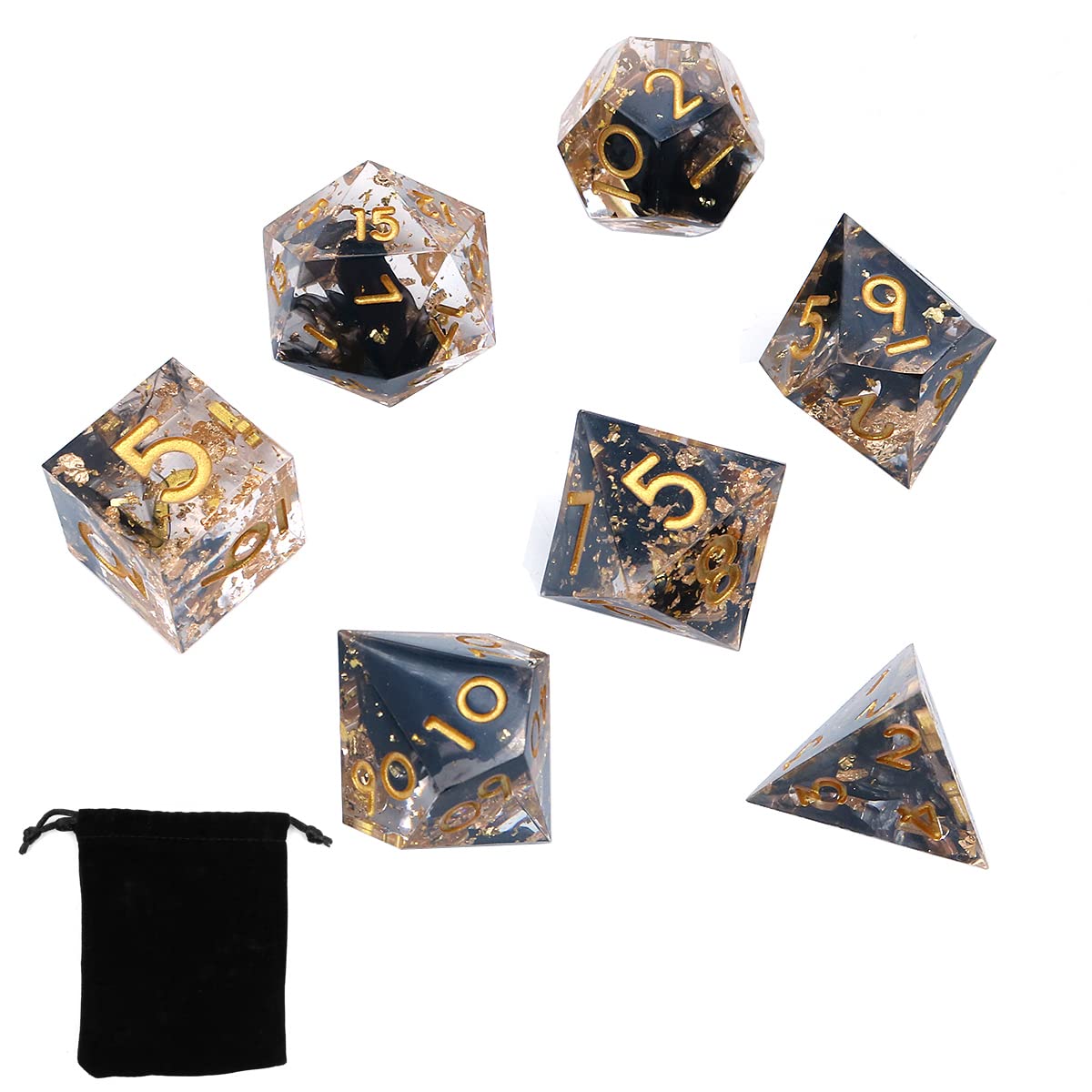 Set di Dadi DND DollaTek in Resina di Lusso Trasparenti - D4 D6 D8 D10 D12 D20 - Nero Trasparente
