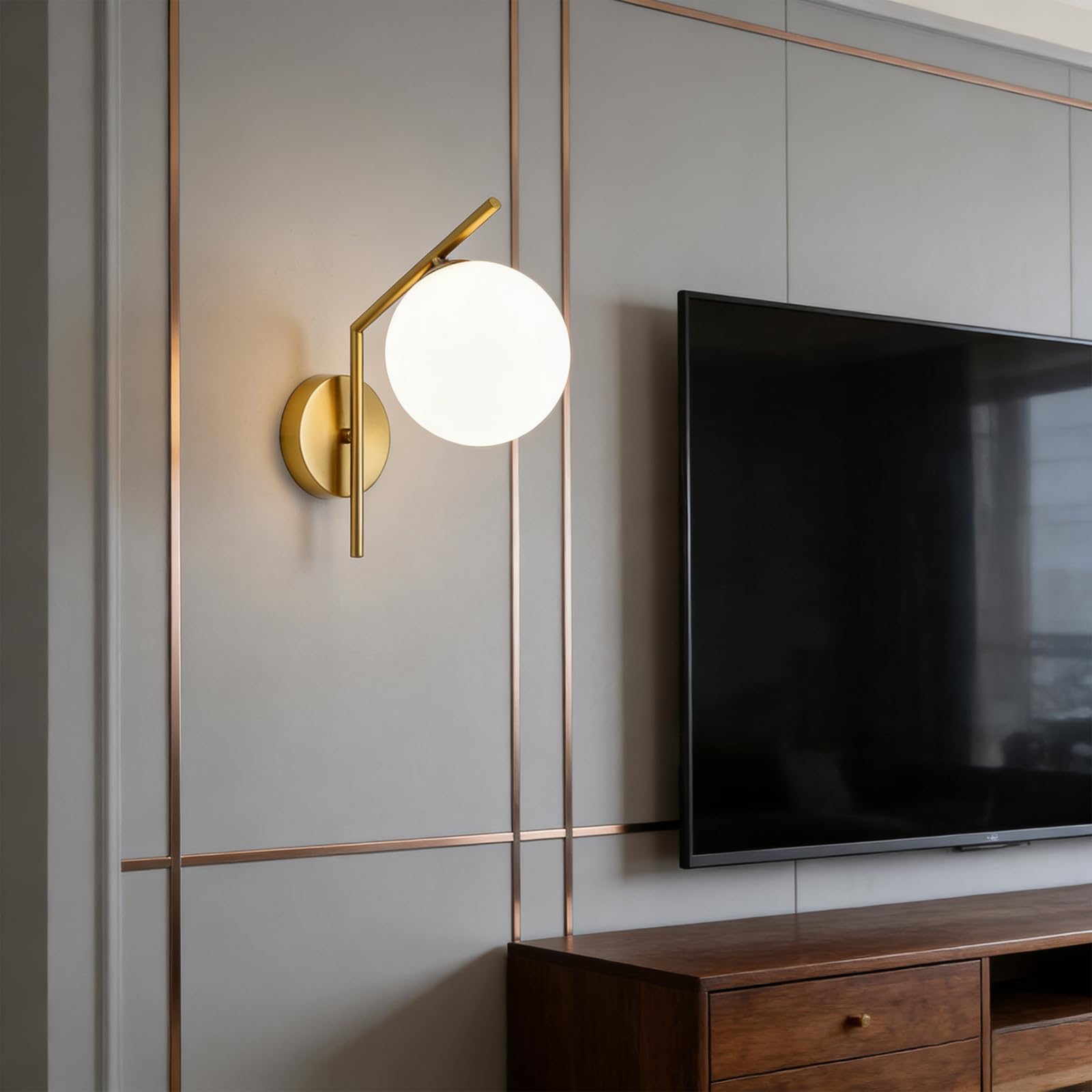 Lampada da Parete Moderna, Applique da Parete con Sfera in Vetro in Stile Mid-Century per Camera da Letto, Soggiorno, Comodino, Sala da Pranzo E Bagno,d'oro,E