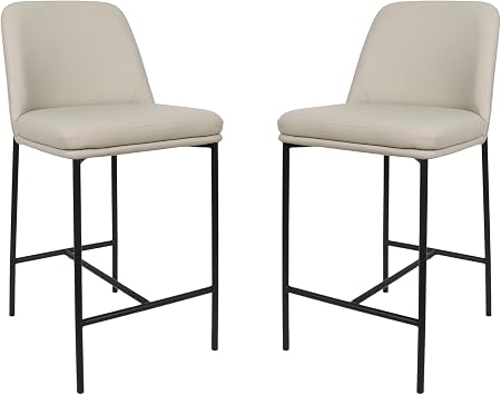 Manhattan Comfort Loft Set of 2 Counter Height Stools for Kitchen and Dining Room, Upholstered in Vegan Leather, Island Chairs with Metal Frame, Curved Backrest, Home Assembly Furniture, Stone Gray