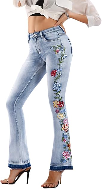 Womens Floral Embroidered Flare Bell Bottom Jeans,Vintage-Inspired Retro Denim Pants