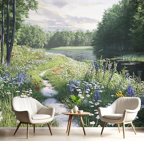 Fotomurale da Parete 3D Paesaggio Fiori Selvatici Nella Foresta, Sentiero Carta Da Parati In Tessuto di Seta Murale Decorazione Da Muro, 400Lx280A cm Verde Fotomurali Decorazione Soggiorno
