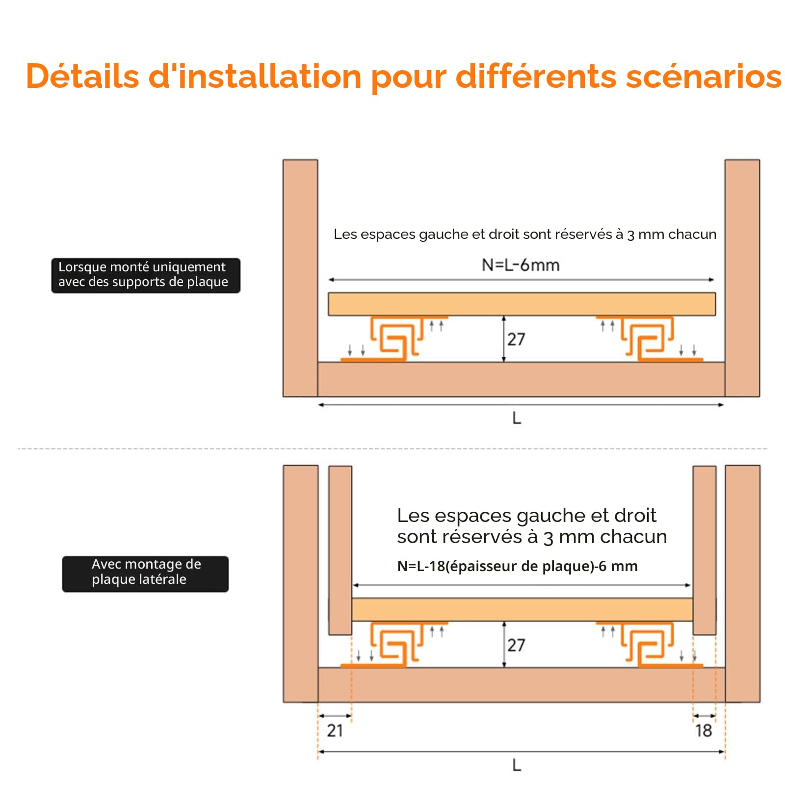 Glissières de tiroir à montage au sol avec extension complète - Capacité de charge 40 kg avec amortissement (50 cm (20 pouces))