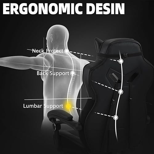 Miniatura 8 de Vonesse Silla de juegos, silla de oficina grande y alta con reposapiés y masaje, sillas de juegos para adultos con soporte lumbar, silla ergonómica