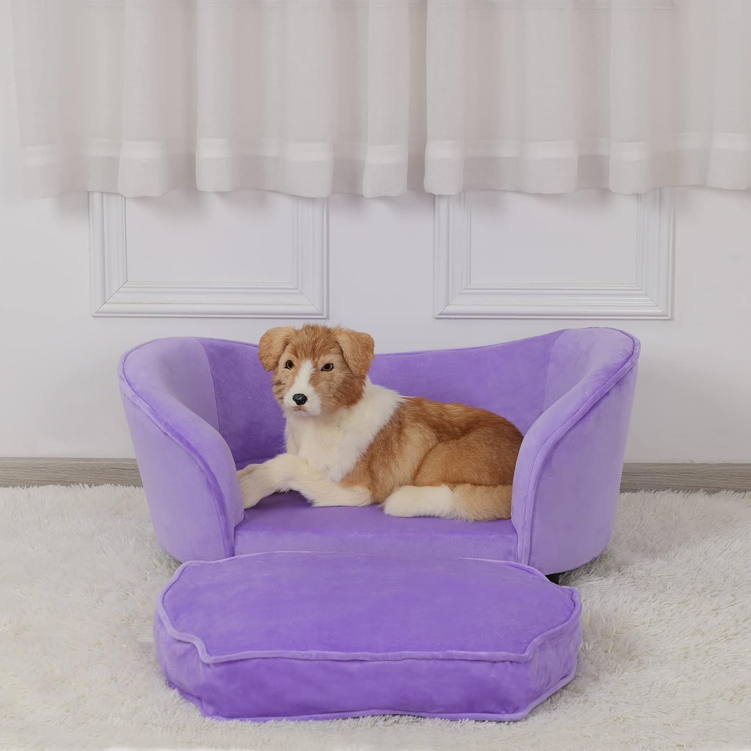 review Pet Sofa Bed/Velvet Pet Couch with Removeable & Washable Cushion for Medium Dogs Cats (Purple)