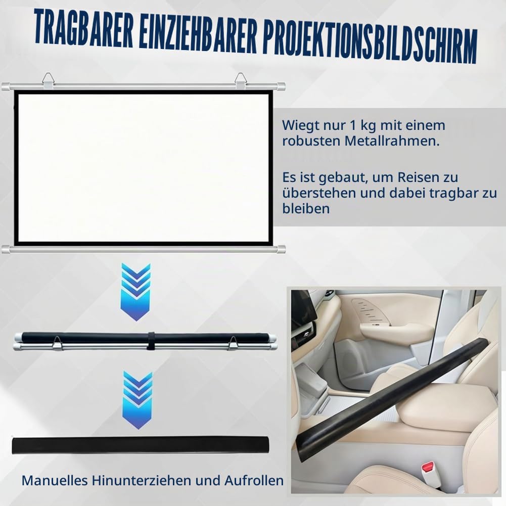Projektor-Leinwand klein für Auto, 40 Zoll 16:9, 4K HD, tragbare Projektionsleinwand für Auto, manuelles Herunterziehen und Aufrollen Mini-Bildschirme, einziehbare kleine Projektor-Leinwände für Auto