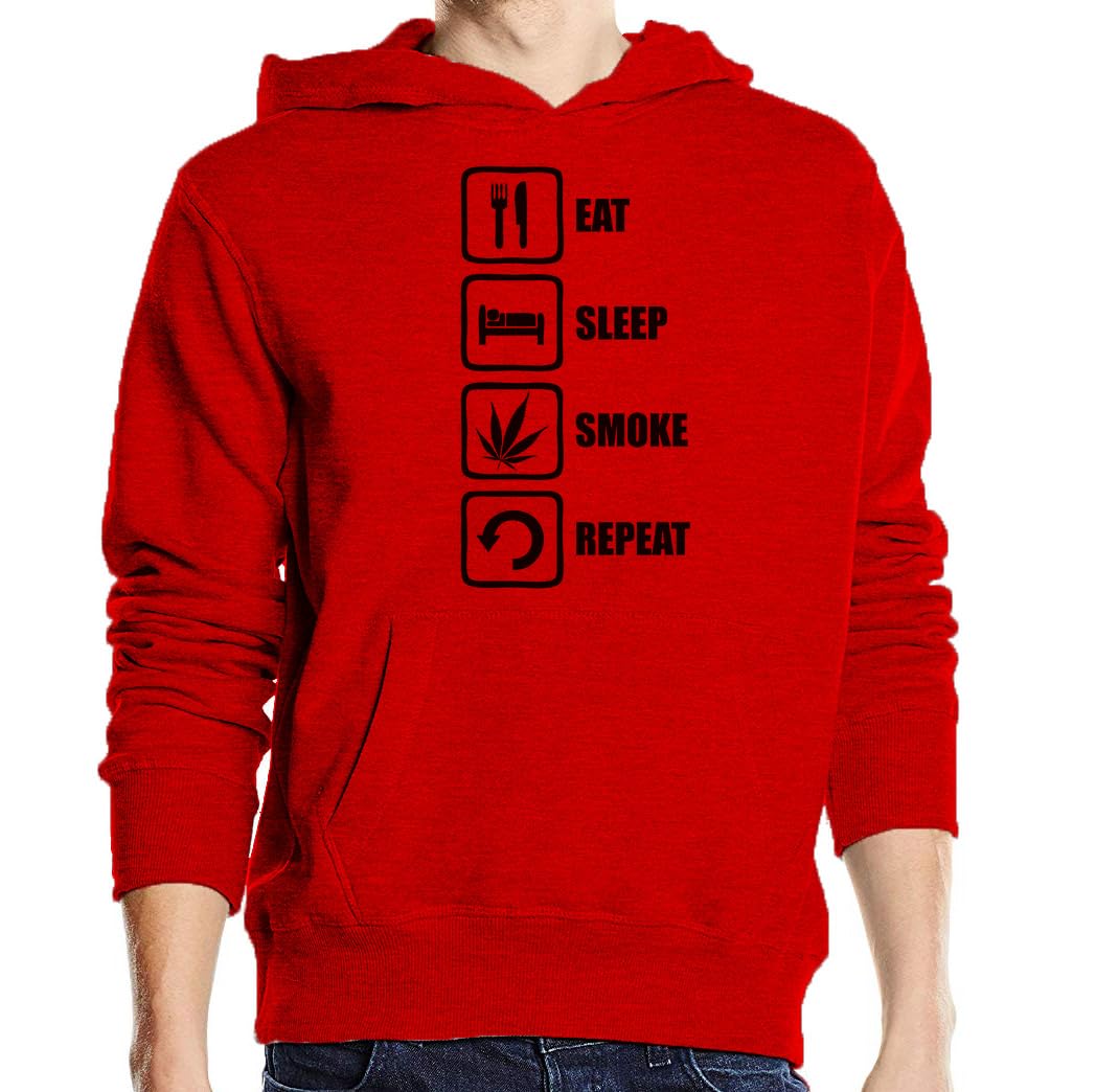 Felpa con cappuccio unisex in misto cotone con scritta "Eat Sleep Smoke Repeat", colore: rosso