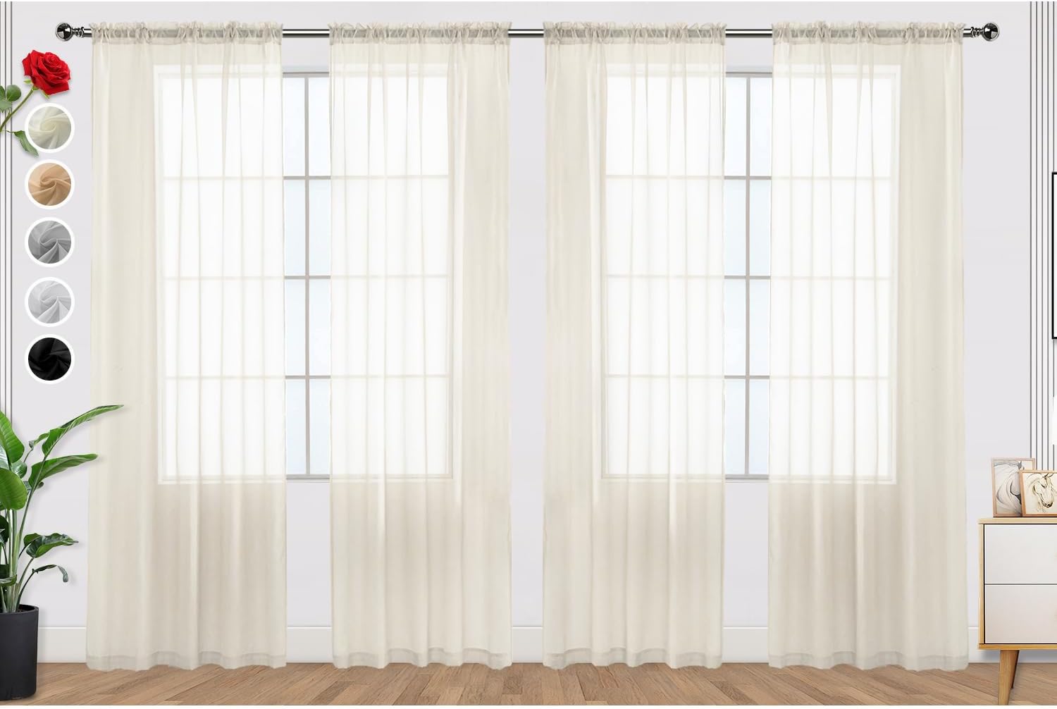 SpaceDresser Ivory Sheer Curtains 4 Panels Rod Pocket Semi-Sheer Curtain 108 Inches Long Light Filtering Voile Window Drapes for Bedroom Living Room Kitchen, Each 52W x 108L
