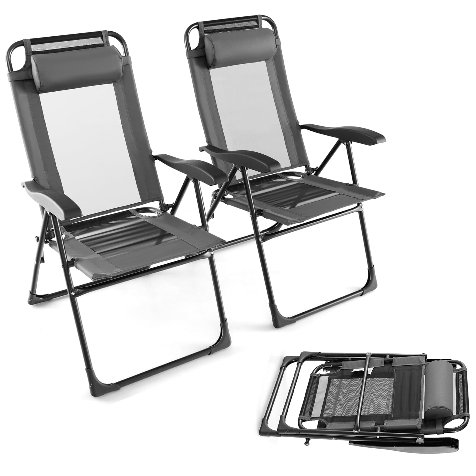 Chaise longue pliante grise pour le camping et la plage fauteuil réglable 7 positions