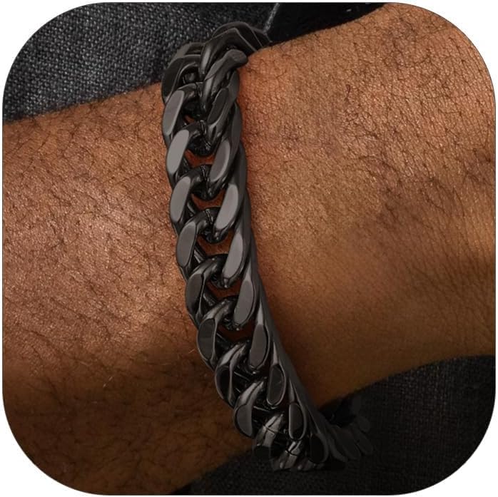 FaithHeart Stainless Steel Cuban Link Bracelet for Men, Gold Plated/Black/Silver Mens Chain Bracelet 8/12/17mm Width, 7.5/8.3/9.1 Inch Length Sturdy Wrist Bracelets Hip Hop Jewelry, with Gift Box