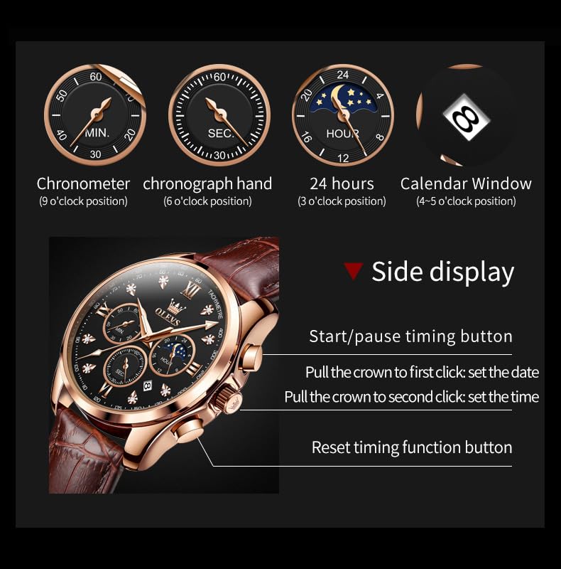 Image of OLEVS Watches for Men Original Analog Quartz Stylish Brown Leather Luxury Business Chronograph Waterproof Date Mens Wrist Watch