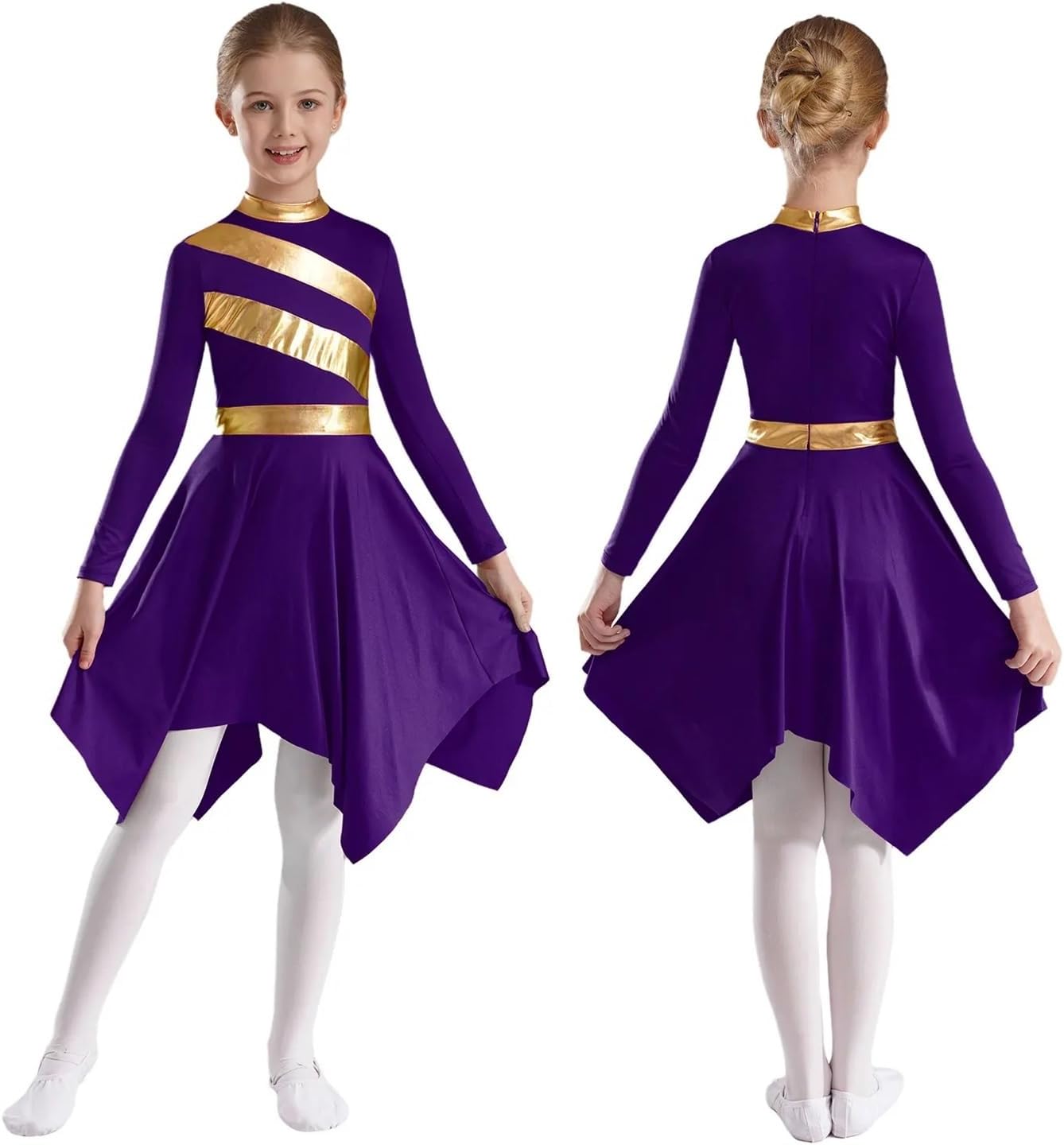 Praise Dance Dress Kids Girls Praise Lyrical Dance Dress Church Choir Worship Long Sleeve Asymmetrical Hem Gown(Purple,8)