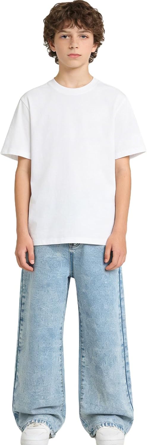 Kids Wide Leg Streetwear Jeans Stretchy Loose Elastic Waist Boys Girls Casual Denim Pants for 6-13 Years with Pockets