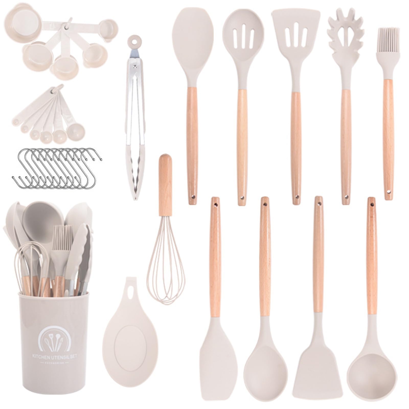 Juego de 24 espátulas de silicona, juego de utensilios de silicona con mango de madera, espátula de cocina de silicona multiusos, antiadherente, con cubo de almacenamiento