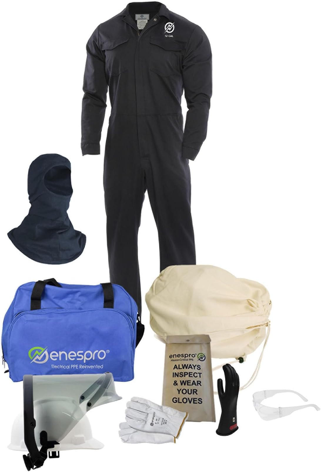 Enespro ArcGuard, CAT 2, 12 Calorie, Arc Flash Suit Kit with FR Coverall, Face Shield, and Balaclava
