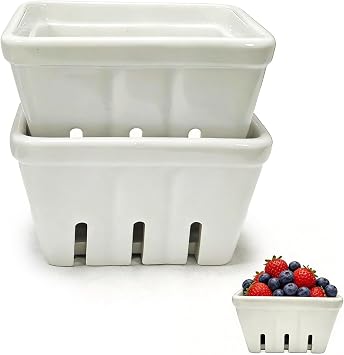 Set of 2 Ceramic Berry Basket, Square Ceramic Fruit Bowl with Holes, Glass Fruit Bowl Alternative for Kitchen Counter,Ideal for Strawberry Grape Cherry Gray-White,4 Inch