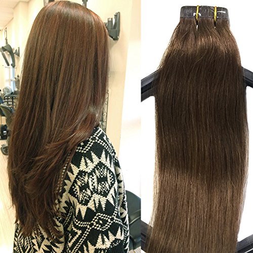 Tape in Human Hair Extensions Chestnut Brown Real Hair Silky Straight Skin Weft Human Remy Hair (16 inches, 6)
