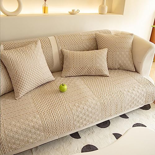 vctops Farmhouse Geometric Embroidered Couch Sofa Cover Cotton Quilted Sectional Couch Cover Non-Slip Sofa Slipcover Furniture Protector for Kids, Dogs, Cats (Khaki,36"x47")