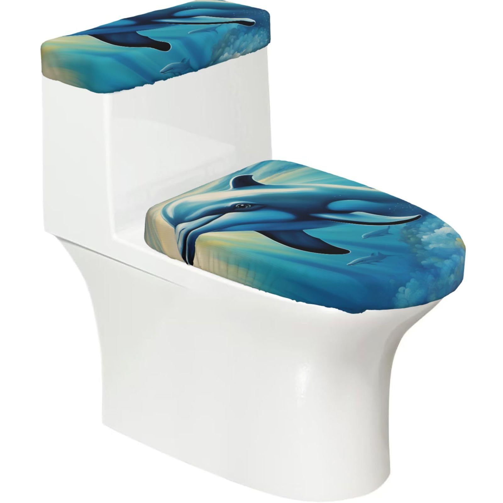 Ocean Dolphin Looking At You 1 Print Stretch Toilet Covers Set, Polyester Covers Replacement For Fits Most Size Lids Bathroom Decor
