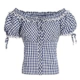 Mufimex Trachtenbluse Carmenstil kariert Kurzarm Blau Weiß Kariert 42