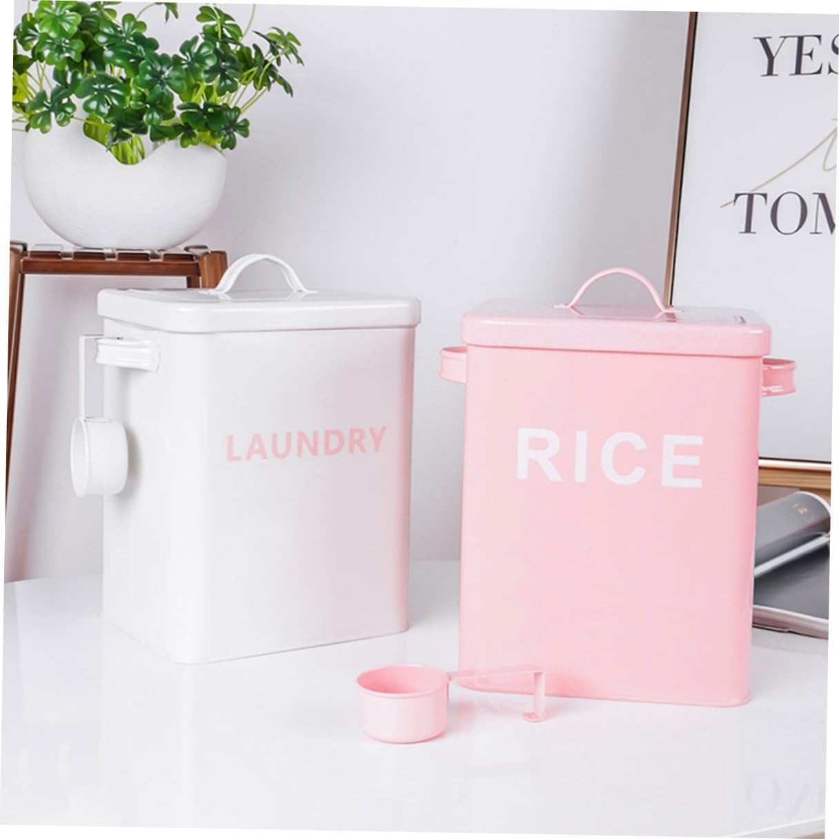 POPETPOP Iron Pet Food Storage Bucket with Airtight Seal and Measuring Cup Pink Household Rice Bin for Cat and Dog Food for Pantry and Pet Supplies