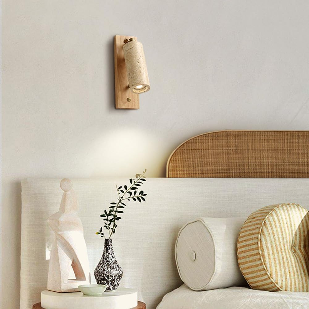 Modern Light Luxury Natural Stone Wall Mounted Bedside Adjustable Reading LED Light Sconce 5W Dimmable Modern Marble Wall Lamp with Switch Wood Rustic Wall Light for Bedroom Farmhouse