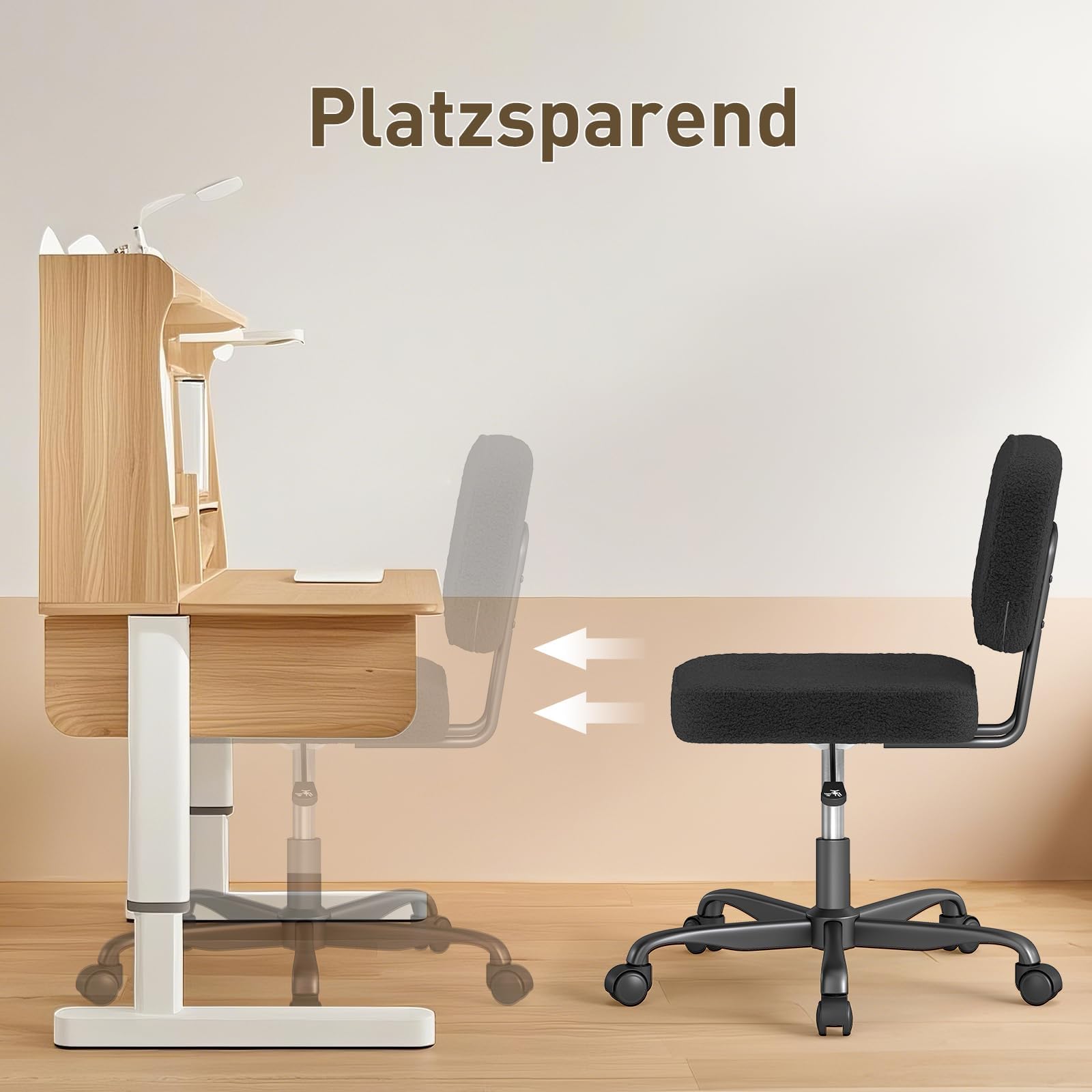 AnyGod Schreibtischstuhl ohne Armlehne, Kompakter Drehstuhl mit Rollen & Höhenverstellbar, Ergonomischer Computerstuhl für kleine Räume & Schminktisch, Teddy-Stoff Schwarz