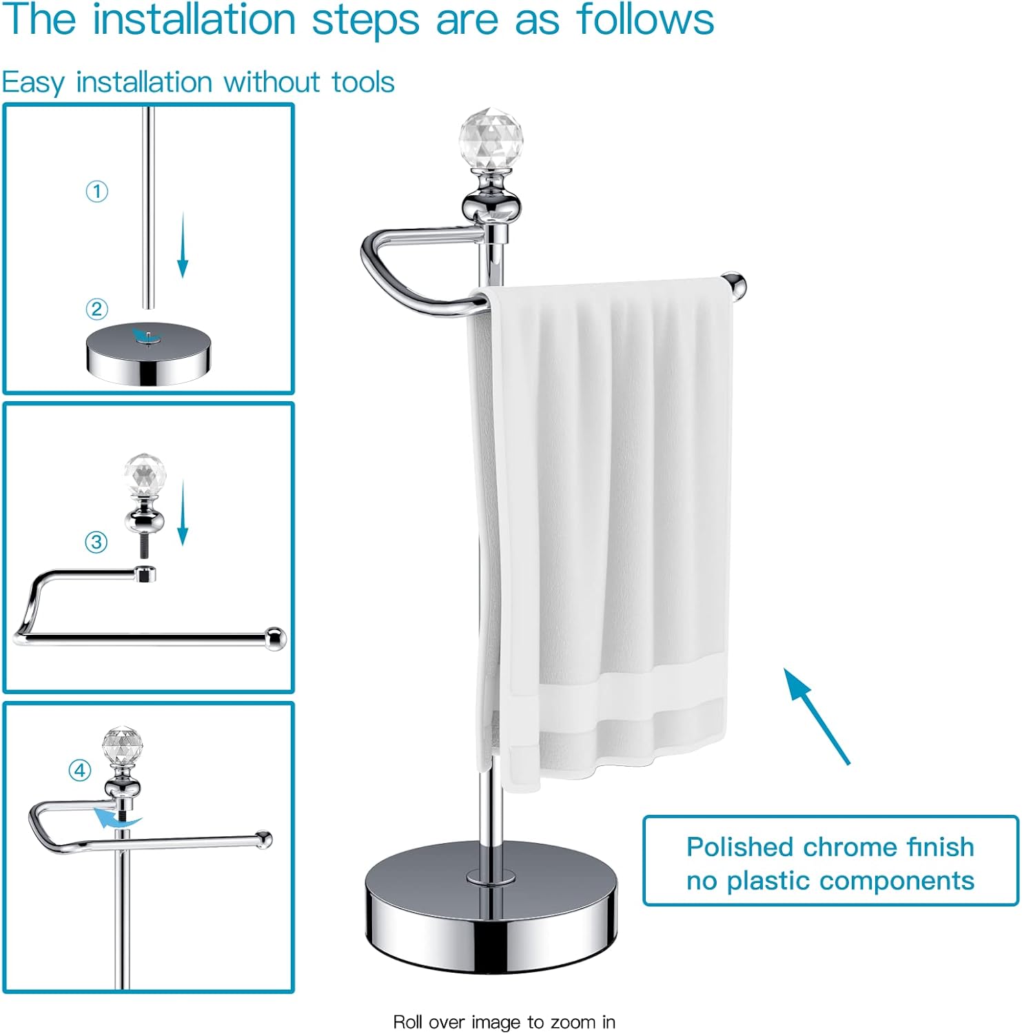 Bath Hand Towel Holder Standing, Stainless Steel Stable Free-Standing Towel Bar for Bathroom Kitchen Countertop, Rustic Towel Ring Stand with Crystal Ball 15.7” H (Polished Chrome, 2 Pack)