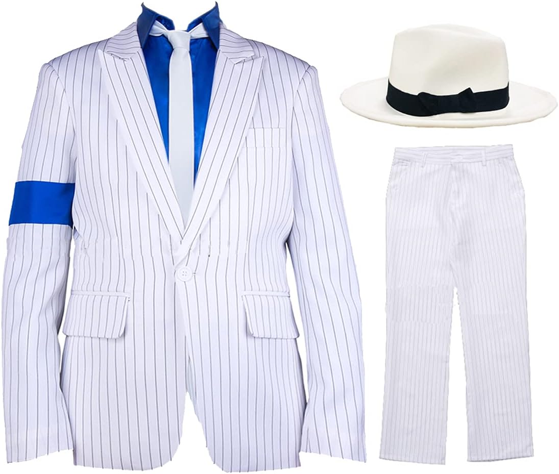 White Striped Suit Blue Armband 5 Piece Cosplay Costume for Adults(Adult:175cm/5'8",White)