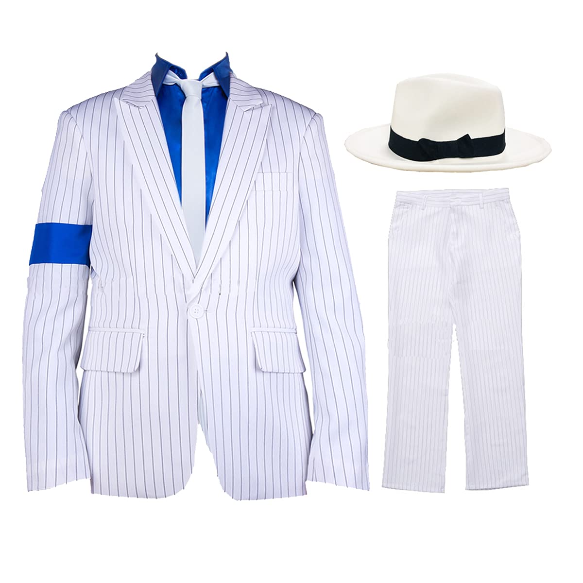 White Striped Suit Blue Armband 5 Piece Cosplay Costume for Adults(Adult:175cm/5'8",White)