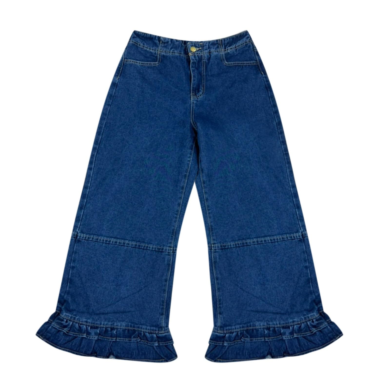 Generisch Pantalones vaqueros para mujer, pierna ancha, 7/8, volantes, pantalones casuales, holgados, con goma elástica y bolsillos, pantalones palazzo para adolescentes, niñas, pantalones de