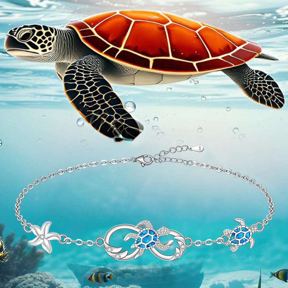 Infinity Turtle Bracelet Sea Turtle Bracelets for Women Blue Opal Bracelet Sterling Silver Jewelry Infinity Chain Adjustable Pendant Starfish Summer Beach Bangle - Image 4