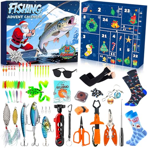 Calendario de Adviento de pesca 2025 para hombres, jóvenes y niños – Calendario de Navidad de 24 días con accesorios de pesca premium (ganchos, herramientas, sorpresas) – Regalo para pescadores y