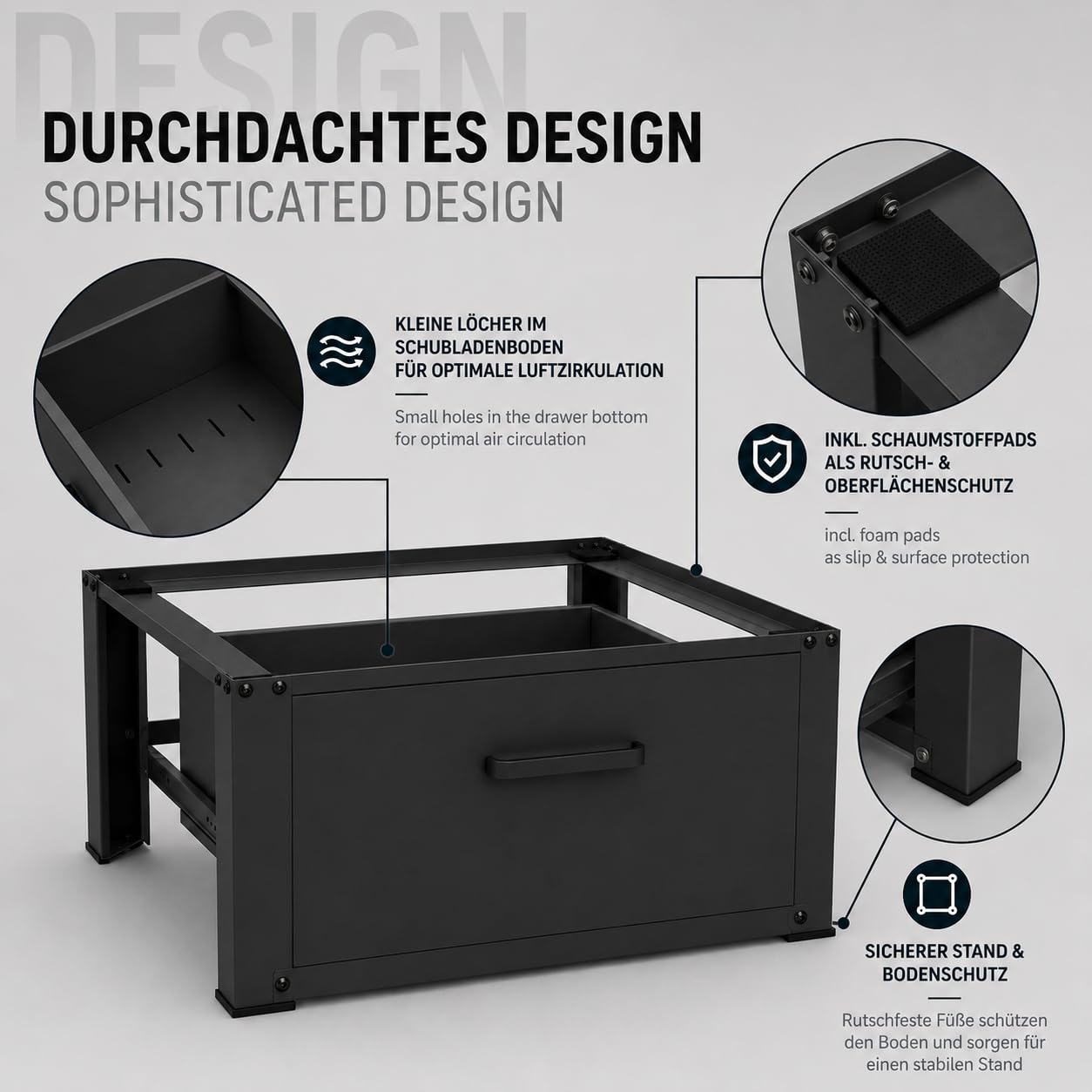 Easy Act Waschmaschinen Untergestell mit Schublade, Waschmaschinen Podest 63x54 cm, Waschmaschinen Sockel aus Stahl bis 150 kg, Unterbau für Waschmaschine & Trockner, Erhöhung 31,5 cm, Schwarz