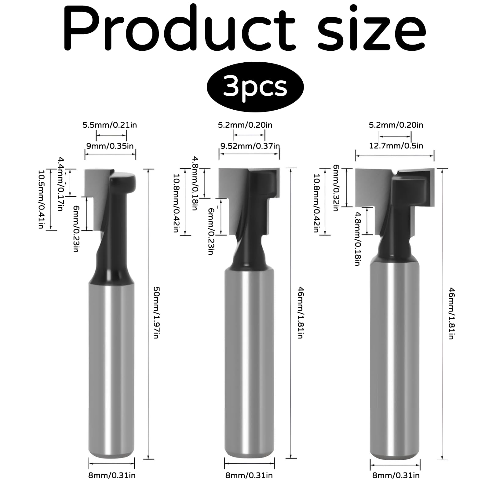 3 Tailles De Type T Fraise Defonceuse 8mm,Rainure En Acier Au Carbone Allié Fraise Defonceuse,Travail Du Bois En T Fraises,Pour Fraise,Pour Fraise à Bois,Perceuse à Outils De Travail Du Bois
