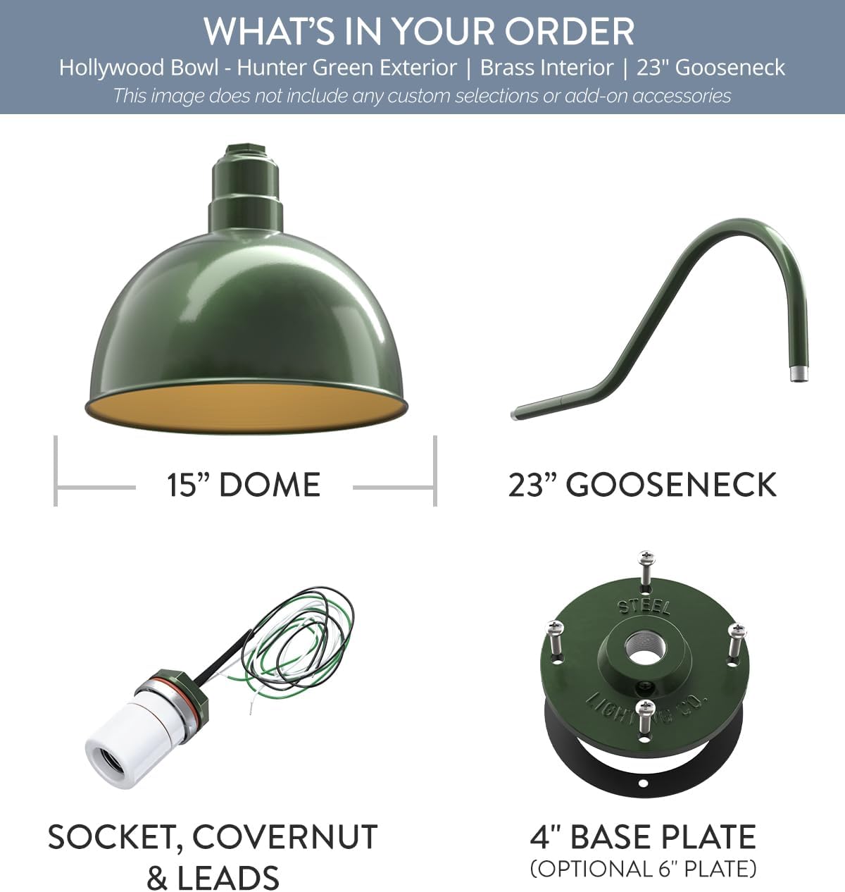 Steel Lighting Co. Hollywood Bowl Light | Outdoor Wall Mounted | 15 inch Bowl Dome | 23" Gooseneck | Barn Light Made in America | Hunter Green Exterior/Brass Interior