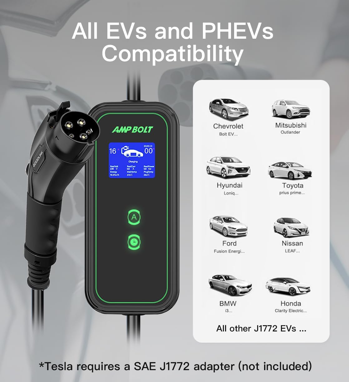 Level 1&2 Portable EV Charger 16 Amp 110-240V,Electric Car Charger with Smart APP,Vehicle Charging Stations with LCD Screen for Home,Compatible with J1772 EV,NEMA 6-20 with NEMA 5-15 Plug