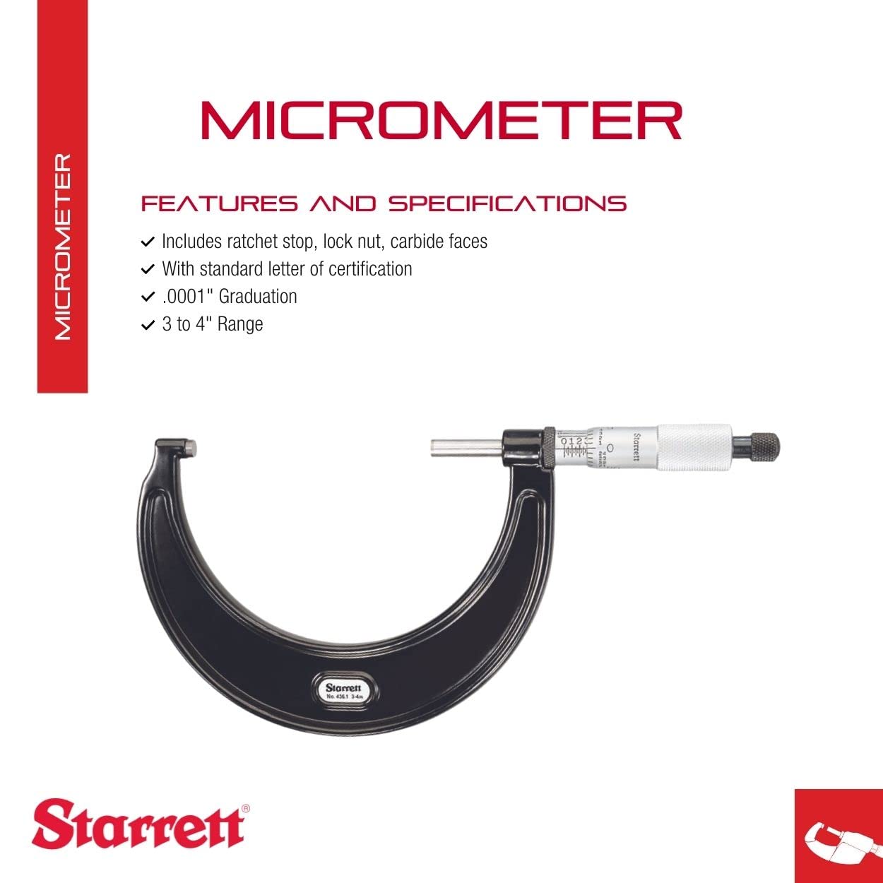 Starrett Outside Micrometer with Ratchet Stop, Lock Nut, and Carbide Faces - Quick and Easy Adjustment, 3-4" Range, .0001" Graduations - T436.1XRL-4 W/SLC