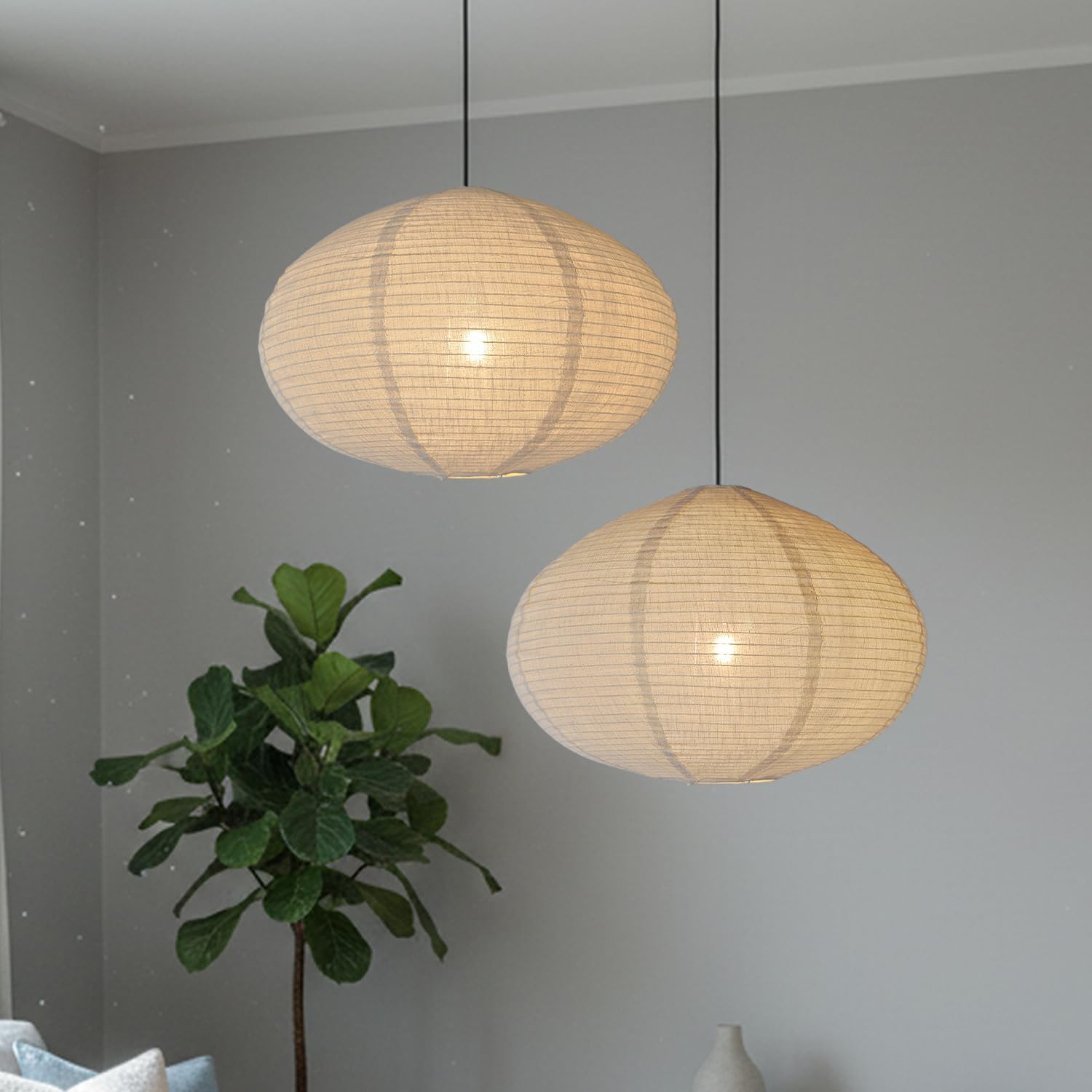2PCS 20" Handmade Linen Pendant Light Shades – Foldable Fabric Lampshades, Minimalist Beige & White Hanging Lanterns for Bedroom, Living Room, Kitchen Island, Window Display & Gift