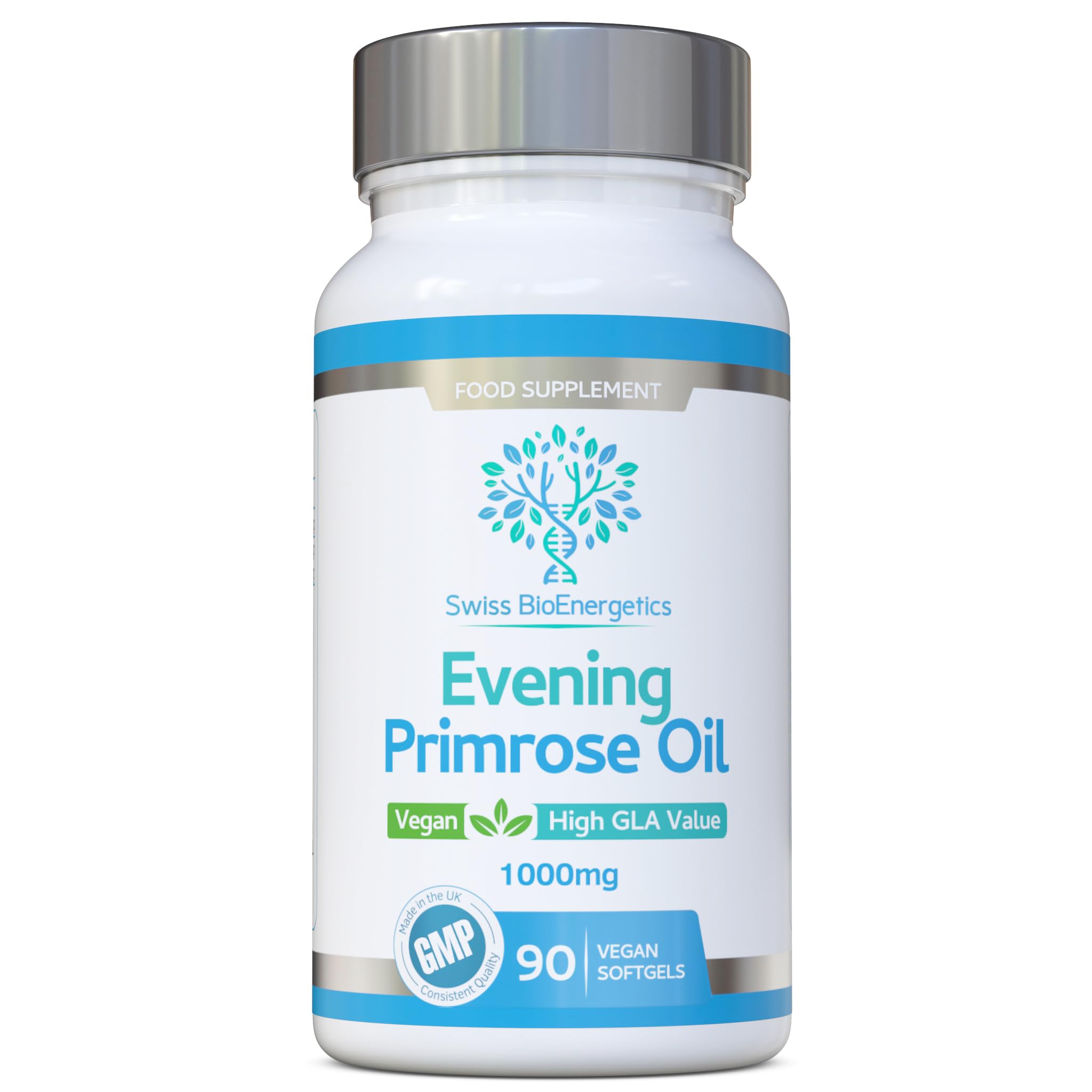 Evening Primrose Oil 1000mg 90 Capsules - Vegan & Cold Pressed - Premium High GLA Formulation - No GMOs - UK Made Vegan Soft Gels