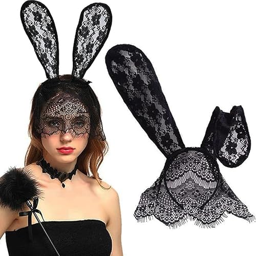 Miniatura 8 de EVILD Diadema negra con orejas de conejo de encaje, decoración de fiesta, banda para el cabello