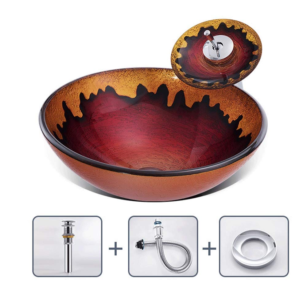 ASerZenith Mixer Tap Rock Texture Vessel Sink Tempered Glass Above Counter Round Bathroom Washing Basin Combo With Waterfall Faucet, Decorative Lavatory Bowl For Home Hotel Balcony(Red-A)