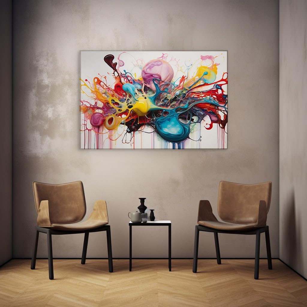 Canvas for Living room. Explosive Hues and Fluid Energy � A Dance of Red, Yellow, Blue, and Pink on Canvas, 27 x 18 inch Canvas Wall Art - Modernist Expressions - Zen Wall Decor