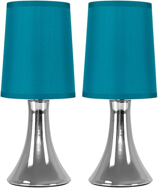MiniSun Pair of Small Modern Chrome Trumpet Touch Table Lamps Bedside Lights with Blue Fabric Shades