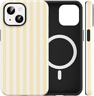 Cute Striped Phone Case for iPhone 13 / iPhone 14 Magnetic Case 6.1", Compatible with MagSafe, Fashion Aesthetic Pattern Design Cover Shockproof TPU Hard PC Protection Girls Women Funda, Yellow
