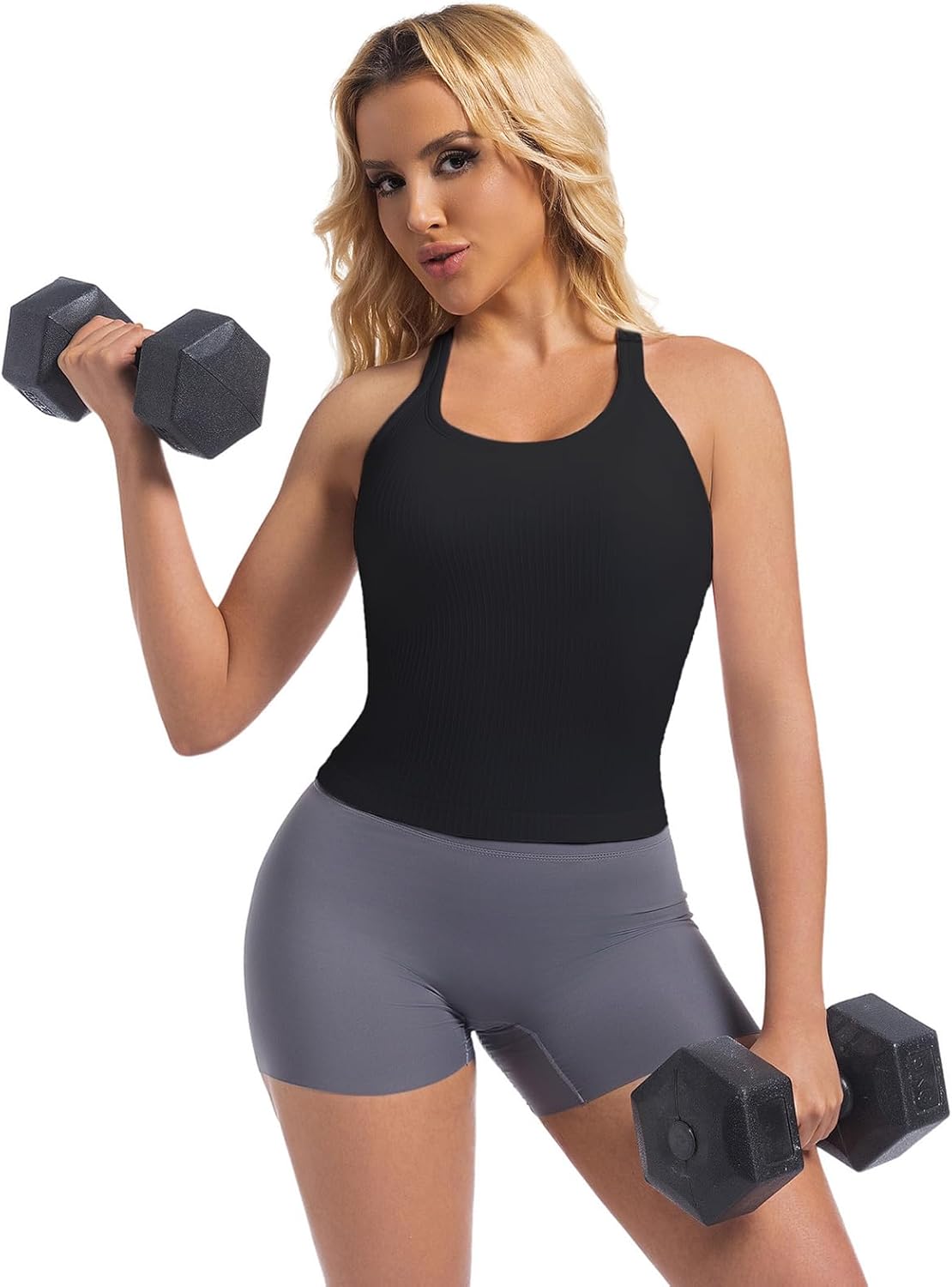 Built in Bra Tank Tops for Women Scoop Neck Longline Workout Tank Top Ribbed Seamless Yoga Racerback Tank Shirts - Image 7