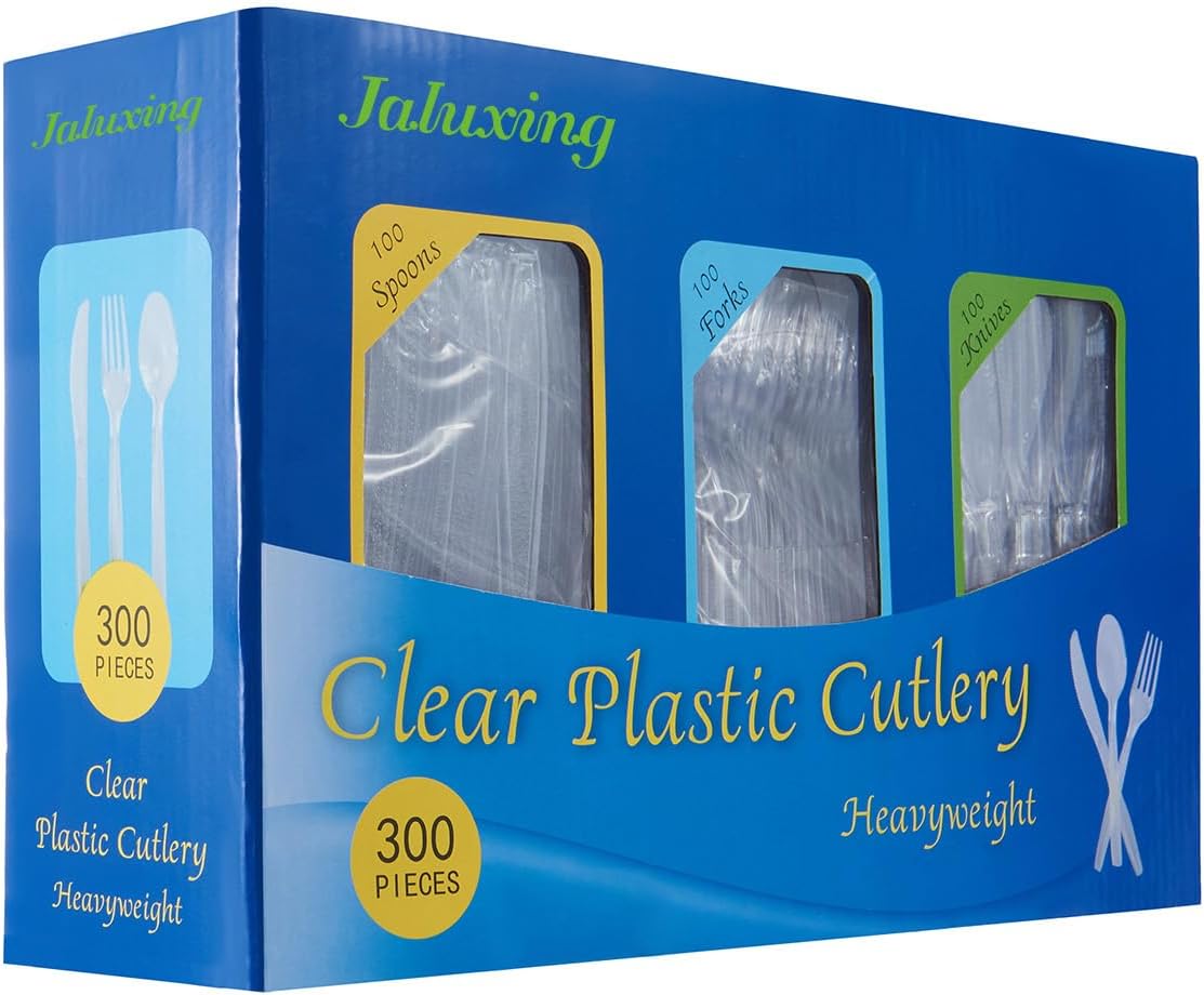 JALUXING Cutlery Set Plastic Utensils Clear Forks Spoons Knives Disposable