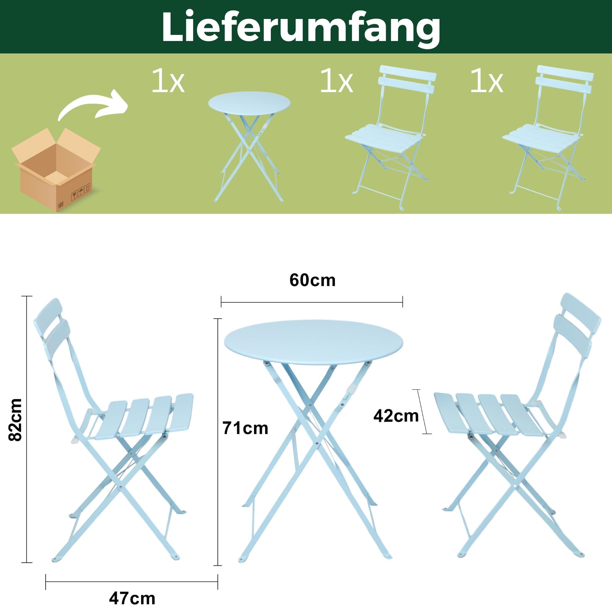 Albatros Bistro Set 3 piezas Azul – Mesa con 2 sillas plegables – Metal resistente – Diseño moderno para balcón o jardín