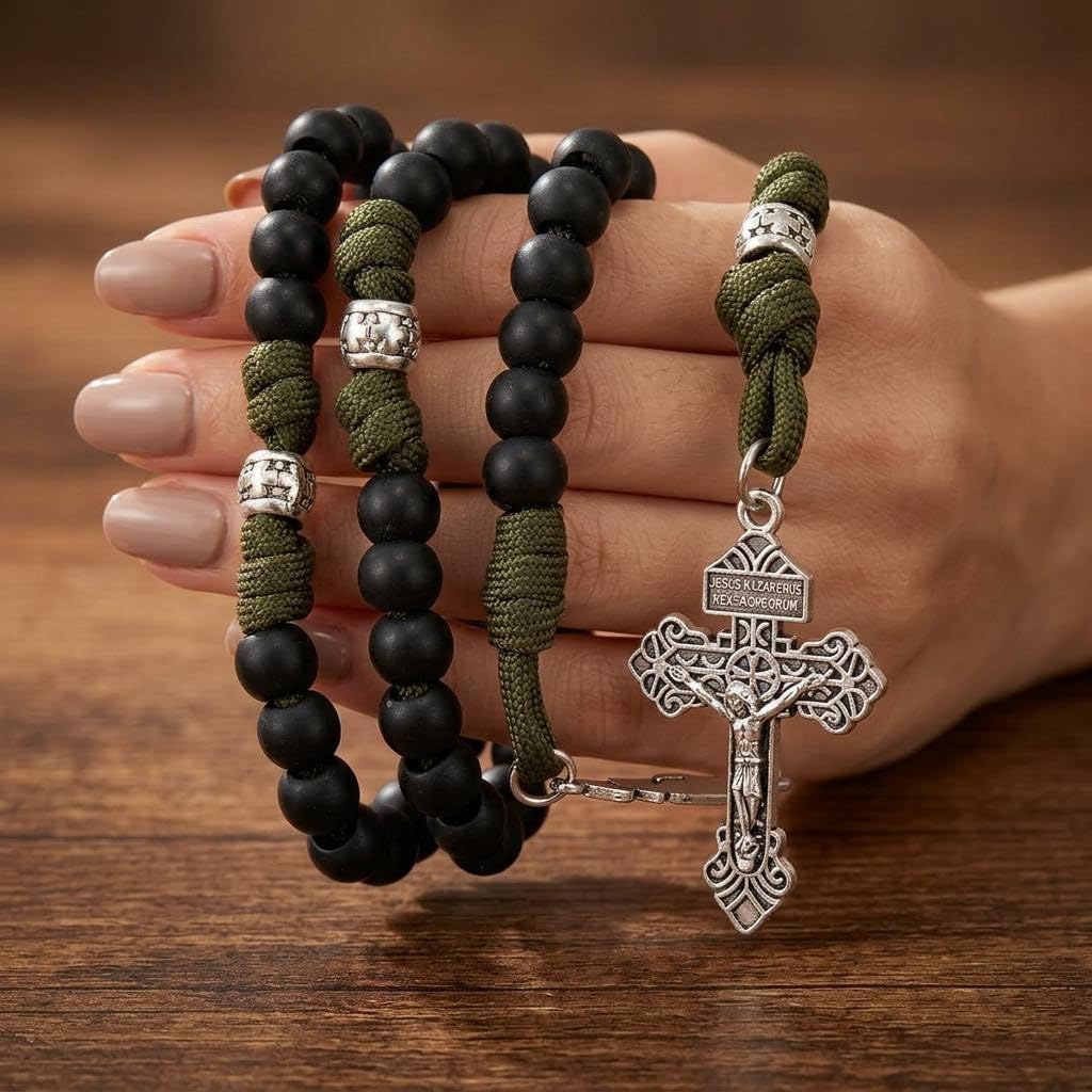 Nazareth Store St. Michael Paracord-Rosenkranzperlen – robuster Rosenkranz als Halskette mit starkem Kordelband und katholischem Pardon-Kruzifix (Schwarz) - Image 4