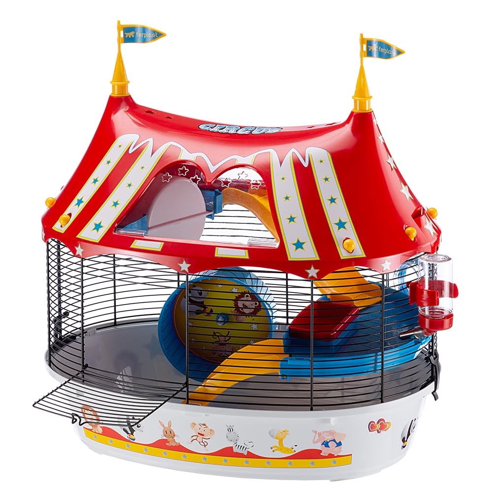 Ferplast Jaula de Tres Pisos para hámsteres Circus Fun, Ratones y pequeños roedores, Plástico Robusto y Metal, Coloridos Adhesivos y Accesorios incluidos 49,5 x 34 x h 42,5 cm Negro