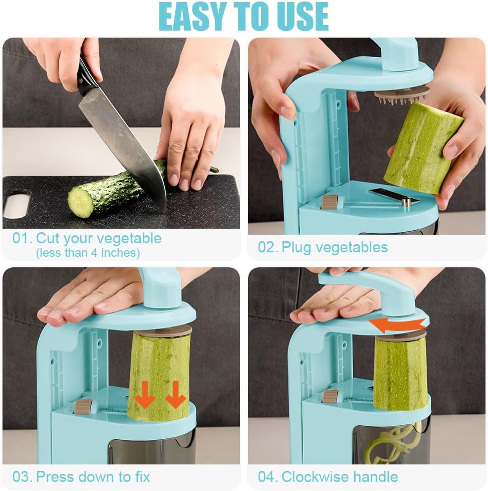 Badelite Vegetable Spiralizer 4-IN-1 Rotating Blade Veggie Spiralizer Zucchini Noodle Maker with Strong Suction Cup Spiral Vegetable Cutter Slicer - Blue